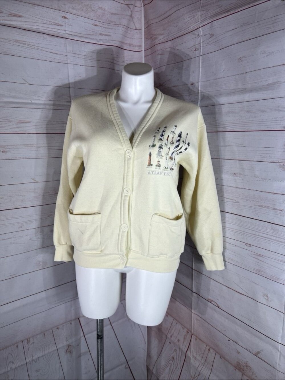 VTG Graphic Sweatshirt Cardigan Womens Large Atlantic Lighthouses Button Up READ